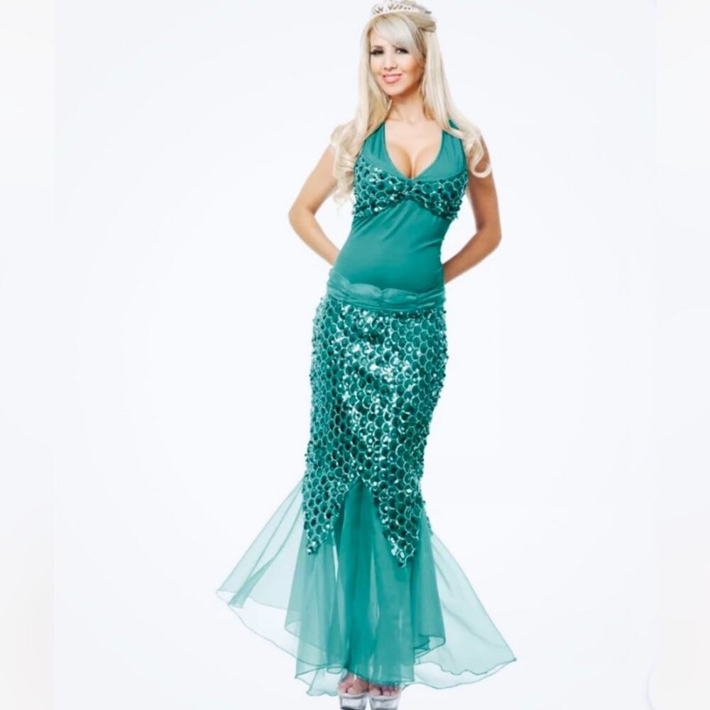 Charades Sequin Mermaid Dress Costume Teal Green Halloween Costume NEW Large